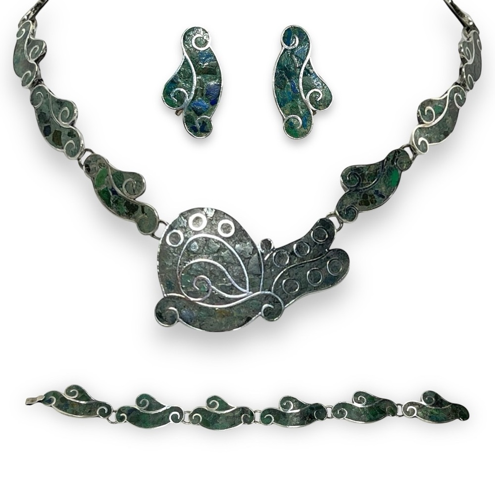 Vintage PLATERIO Mexican Silver .980 Necklace Bracelet Earrings Set Turquoise